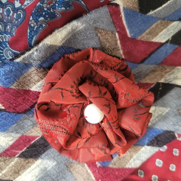 Upcycled Handmade Tie Crossbody Bag With Geometric Patterns & Floral Accent - Picture 4 of 11